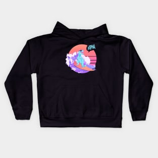 rad dinosaur surfing a retro wave (aloha) Kids Hoodie